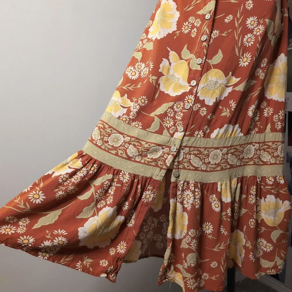 Floral Button-Front Maxi Skirt Boho Designer - Picture 2 of 5